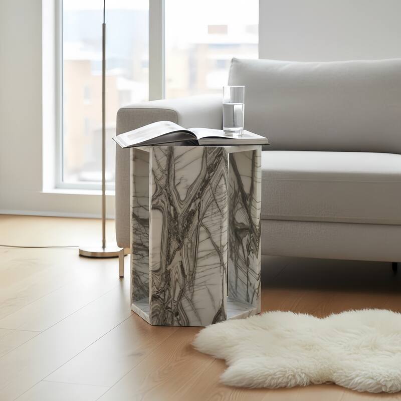 Roomfitters Luxury Natural Marble Hexagon Side Table, Solid Stone Geometric Pedestal End Table, Polished Finish