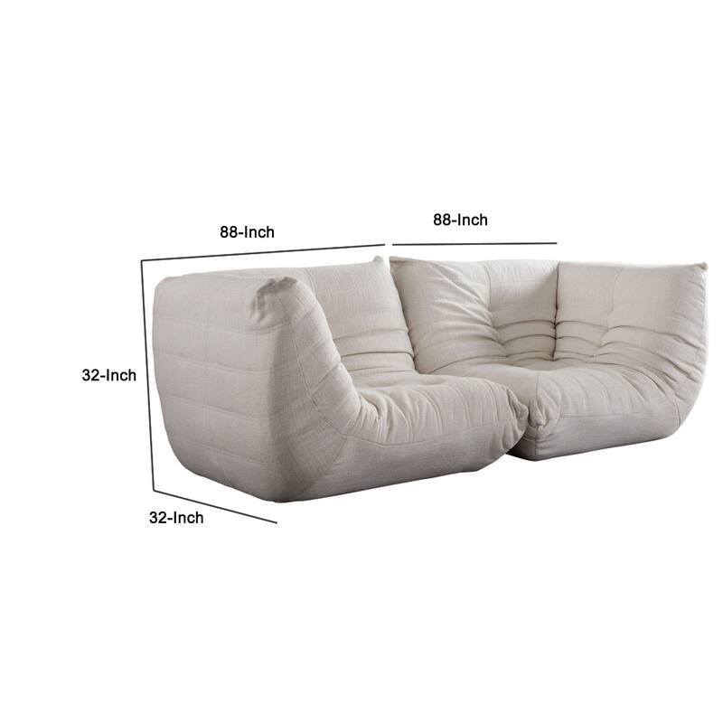 Ezee 2pc Modular Loveseat Sofa Set, Low Profile Floor Seating Cream Pleated Polyester