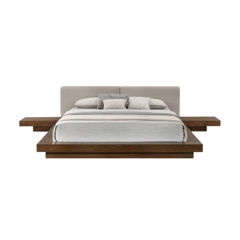 HomeRoots Gray and Walnut Wood And Faux Leather Queen Bed Frame With Attached Nightstands