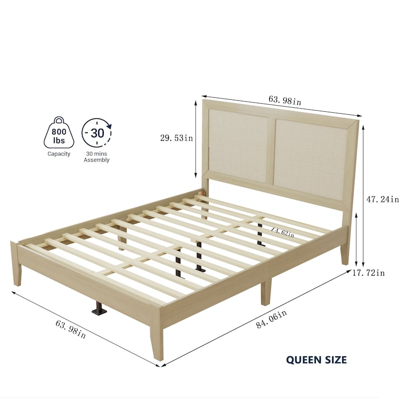 Solid Wood Platform Bed, Queen/King Bed Frame with Rattan Headboard