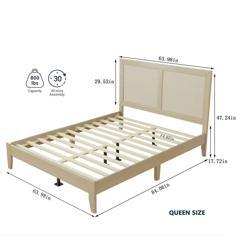 Solid Wood Platform Queen Bed With Rattan,Solid Rubber Wood Legs