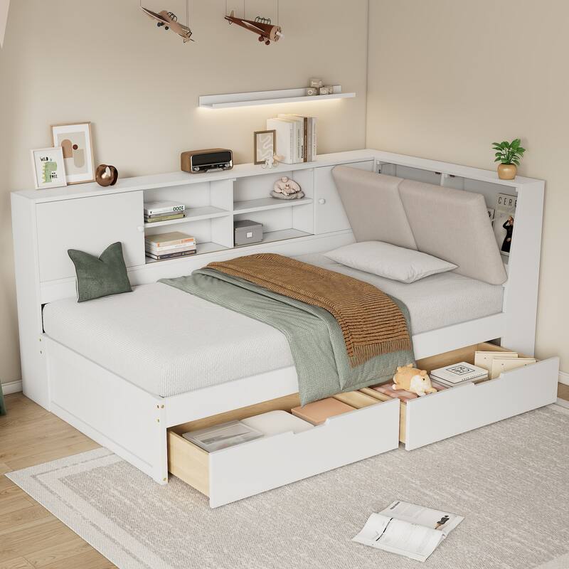 L-shaped Daybed Wooden Corner Sofa Bed Frame with Sliding Doors Bookcase Captains Bed, Upholstered Headboard Built-in Storage - White - Full