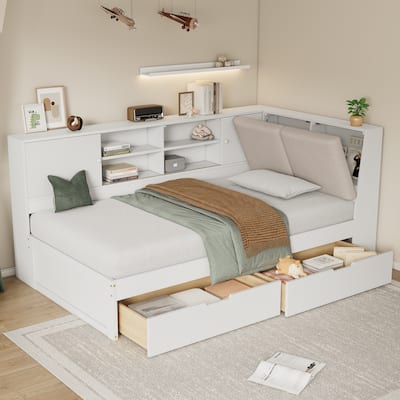 Wooden Full Size L-shaped Daybed Corner Bed Under-bed Drawers with Storage Bookcase and Upholstered Headboard