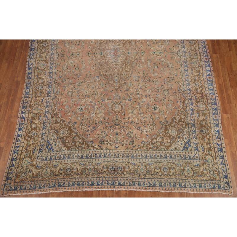 Hand Knotted Oriental 100% Wool Carpet Traditional Floral Coral Mashad Area Rug - 12' 6'' X 9' 2''