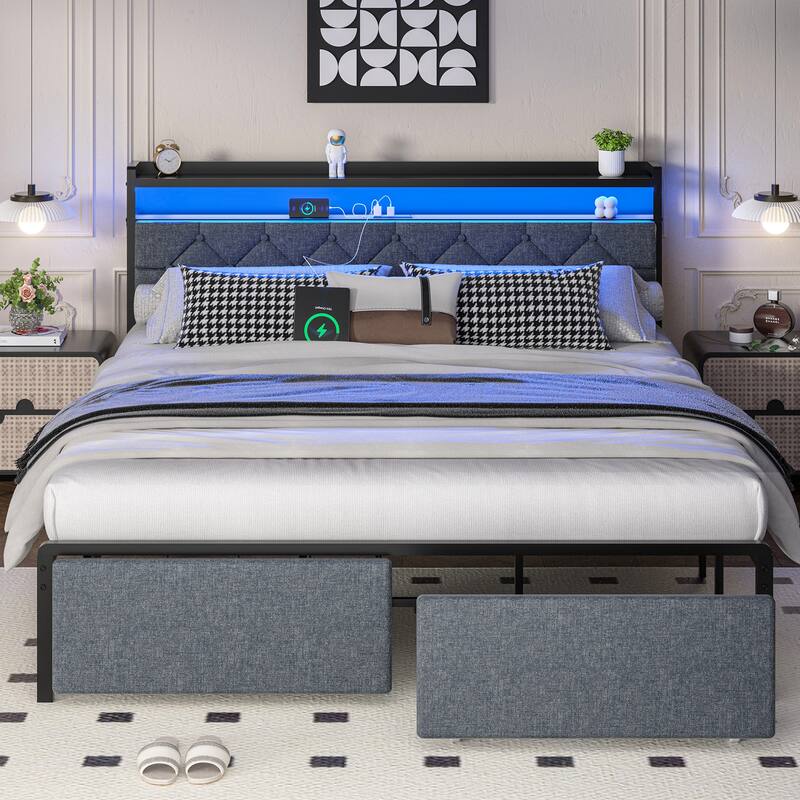 Queen Size Upholstered Bed with Storage Drawers, LED Headboard & USB Ports - Modern Fabric Platform Bed - Black