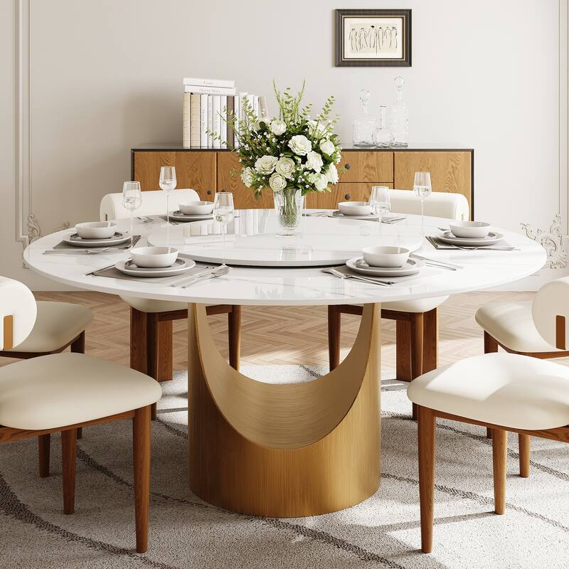 51 &59" Modern Round Dining Table for Diningroom，White Glossy Stone Tabletop,Bronze Carbon Pedestal