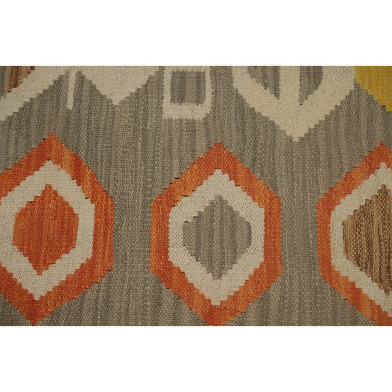 Hand Woven Oriental 100% Wool Carpet Southwestern Tribal Greys & Charcoal Kilim Runner Rug - 11' 6'' X 2' 8''