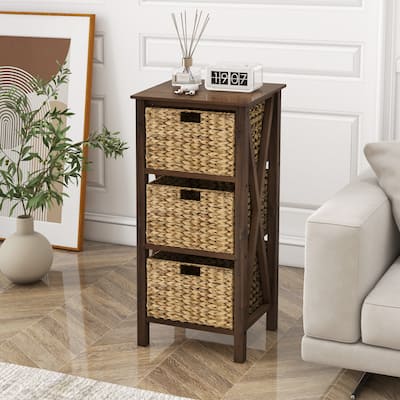 1/ 2PCS Nightstand with 3 Baskets Wooden X-Design Side Table End Table