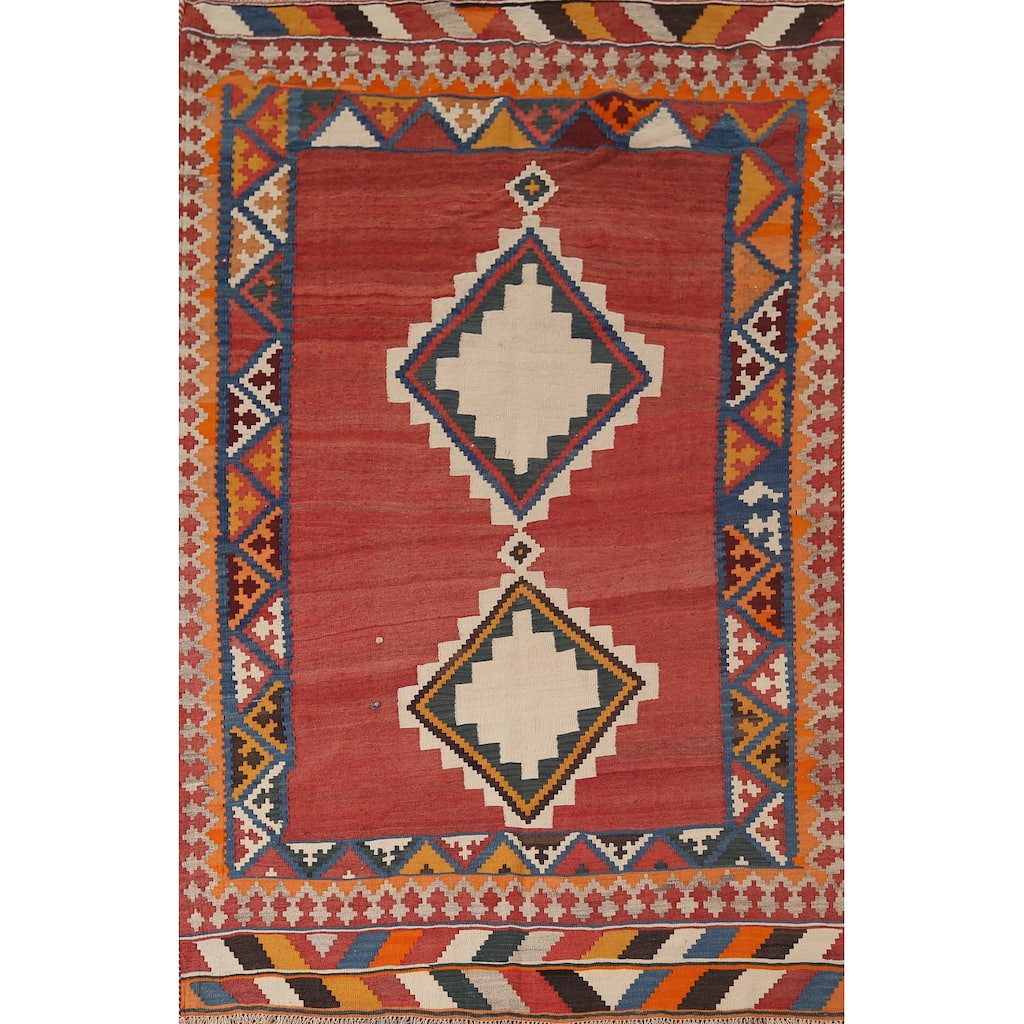 Vegetable Dye Orange Kilim Qashqai Persian Vintage Orange Wool Carpet - 4'11"x 7'5"