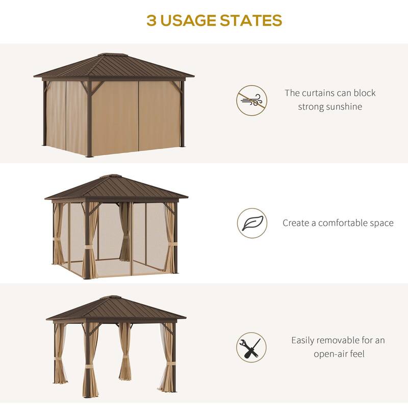 Outsunny 10' x 12' Outdoor Hardtop Gazebo Metal Roof Patio Gazebo with Aluminum Frame, Mesh Netting, Curtains, Brown