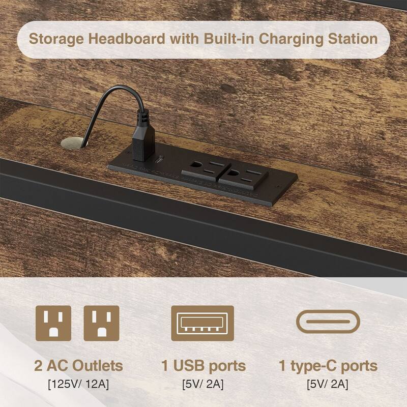 Anmytek Rustic Brown Queen/King Bed Frame with 2 Sliding Nightstands - Bookcase Storage Headboard