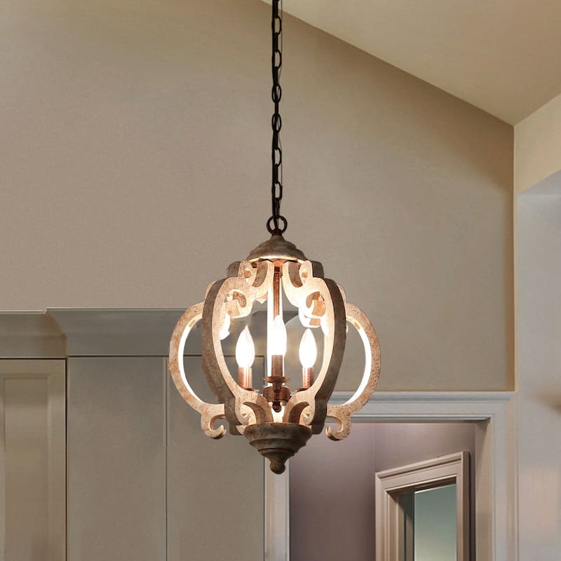 French Country 3-Light Crown Off-white Wood Chandelier for Dining Room - White Wood - D15.5"x H 19"