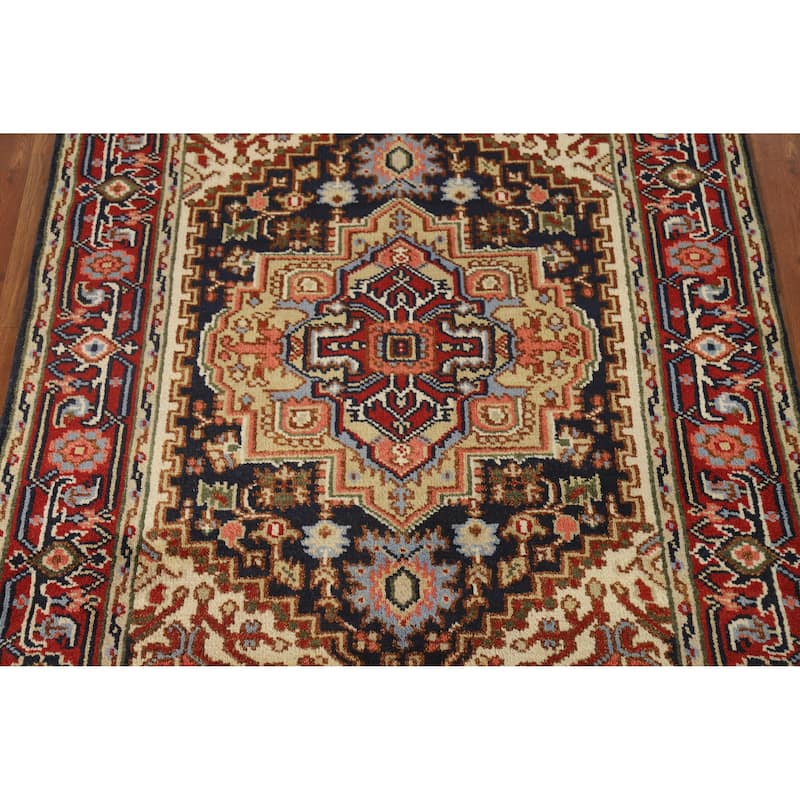 Hand Knotted Oriental 100% Wool Carpet Traditional Medallion Navy Blue & Blues Heriz (serapi) Area Rug - 5' 11'' X 4' 0''