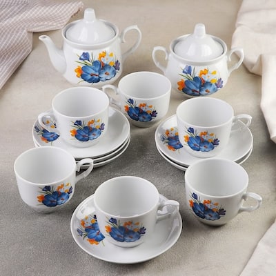 STP-Goods Crocus Flower 14-Pc Porcelain Tea Set for 6