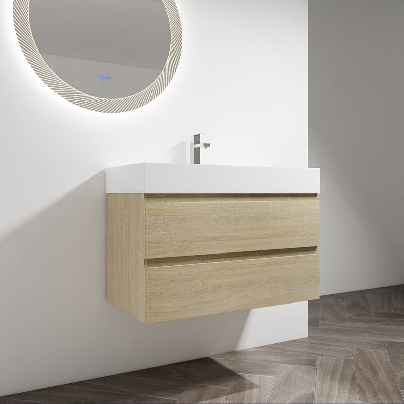Vanity with Thick Edge Resin Sink, Soft-Close Drawers, Water-Resistant Melamine Surface (Sink and Cabinet Only)