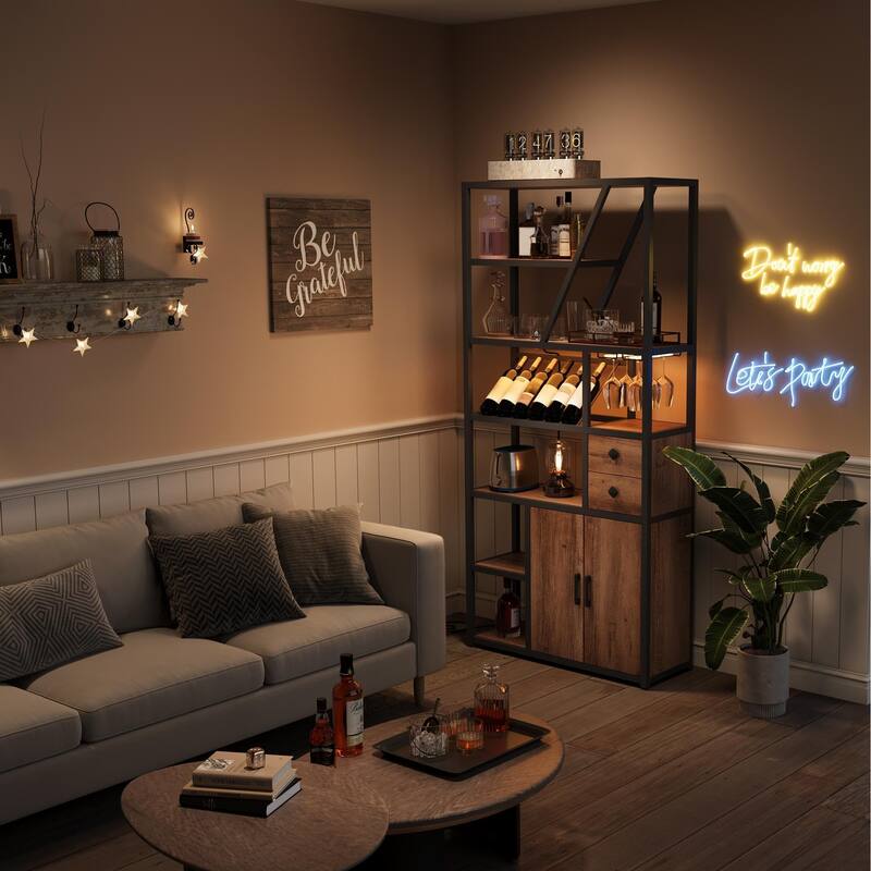 Wine Bar Cabinet with LED Lights, Tall Coffee Bar Station with Power Outlets and Wine Rack