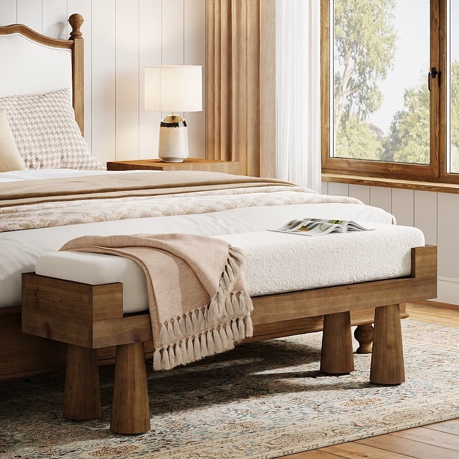 47 Inch Upholstered Entryway Bench, Shoe Bench Padded Seat with Solid Wood Legs