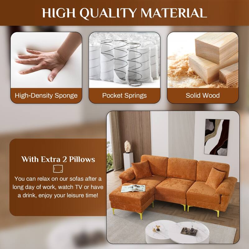 Ouyessir 2-Pieces Upholstered Velvet Sectional Sofa with 2 Pillows & Ottoman
