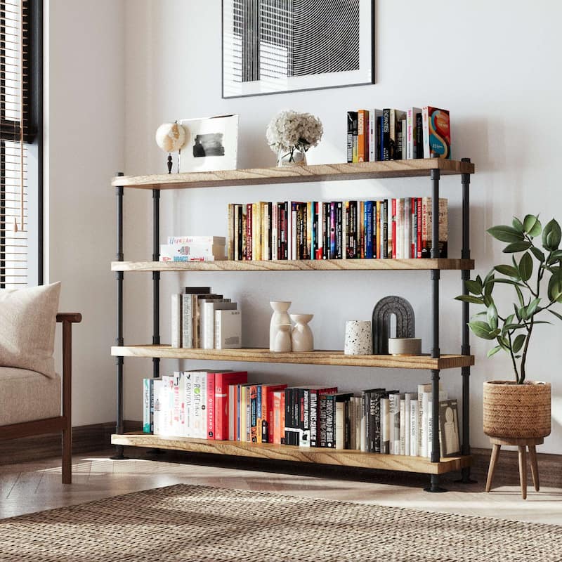 Wallniture 60 inch Long Pipe Bookcase, 11.25'' Deep & 1.5'' Thick Hanging Wood Shelf for Home Organization, Rustic, Tier Options