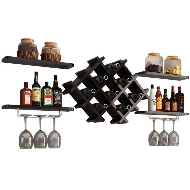Black 5 Piece Wall Mounted Wine Rack Set with Storage Shelves - 20.3