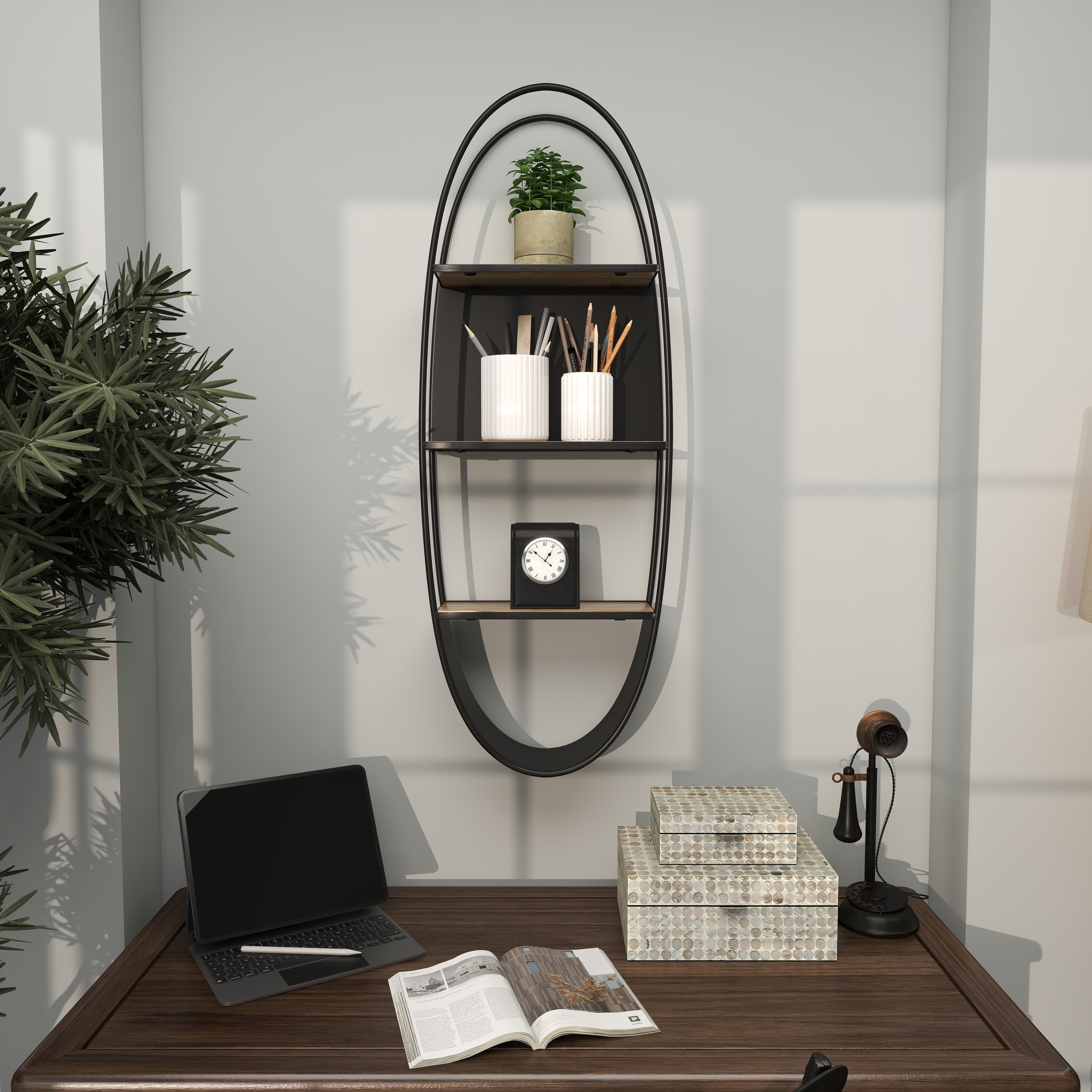 Studio 350 Black Metal Oval 2 Shelves Wall Shelf