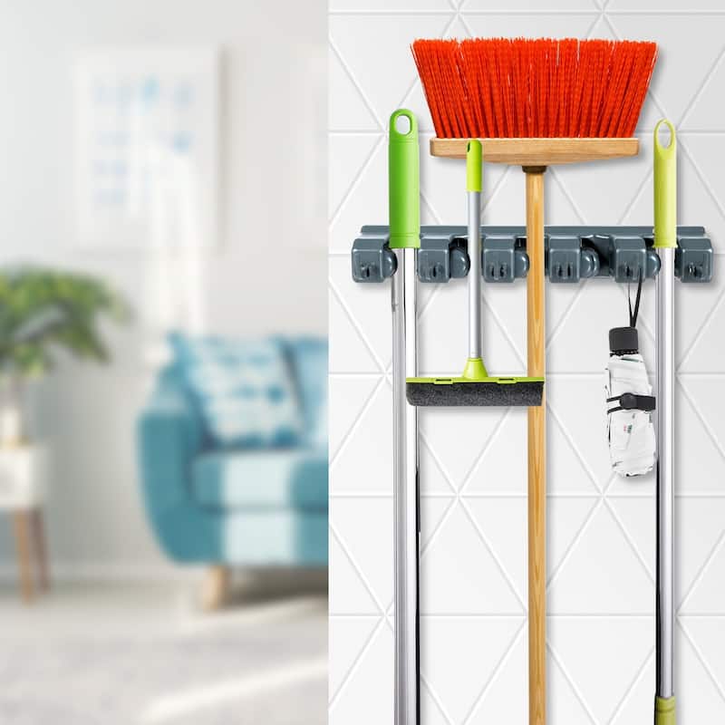 Costway Mop Broom Holder Garden Tool Rack Organizer 5 Positions w/6 - See details