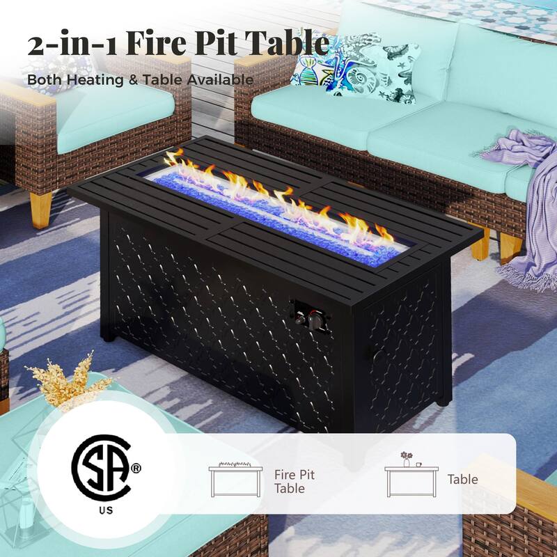 8-Piece Patio Outdoor Wicker Sectional Sofa Set, Large Seating Furniture Conversation Sets with Fire Pit Table