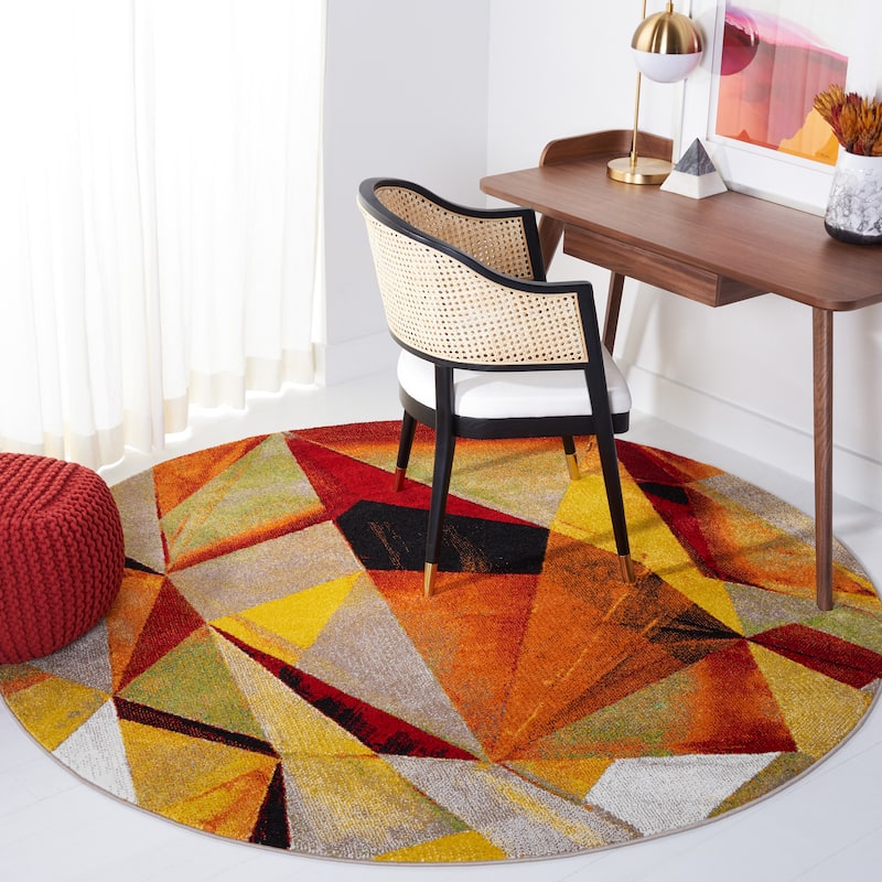 SAFAVIEH Porcello Akina Mid-Century Modern Abstract Rug - 6'7" Round - Orange/Red