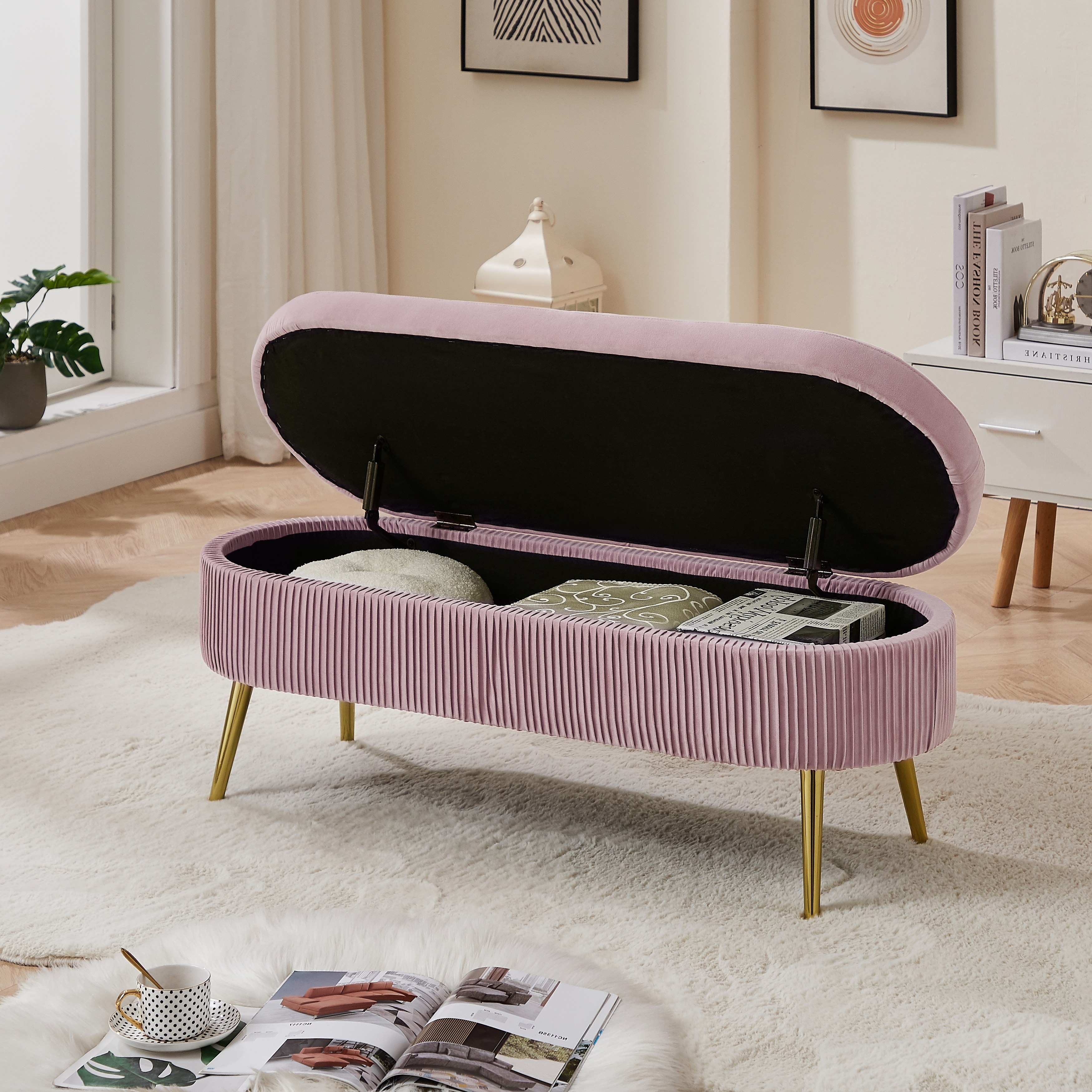 EDWINRAYLLC Oval Storage Ottoman Bench Velvet Suit Soft Mat Tufted Bench, Pink