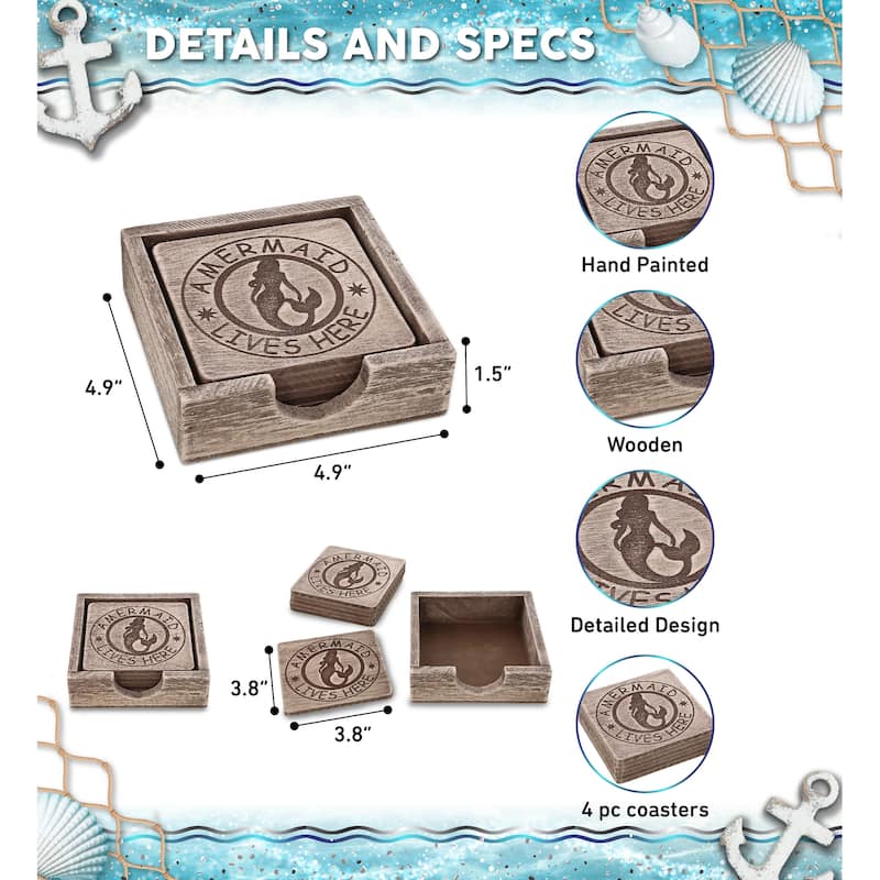 CoTa Global Driftwood Mermaid Coasters with Holder - Set of 6 - 4.9Lx4.9Wx1.5H inches