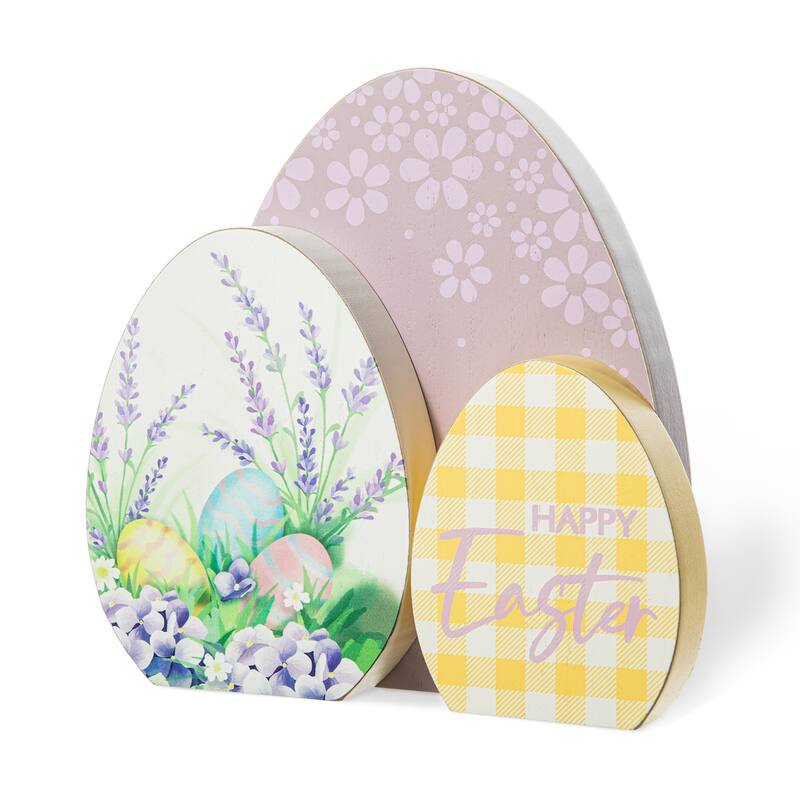 Glitzhome 7.75"/6"H Easter Wooden Patterned Eggs Table Decor Spring Gift
