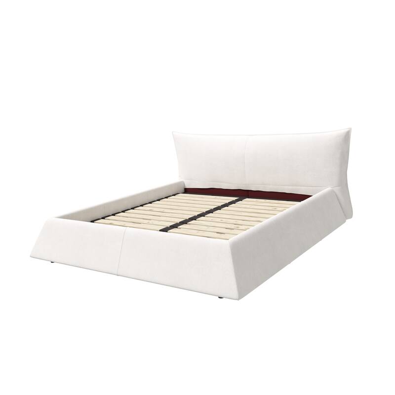 King Size Upholstered Platform Bed with Velvet Headboard, Metal & Wood Frame, Beige/White