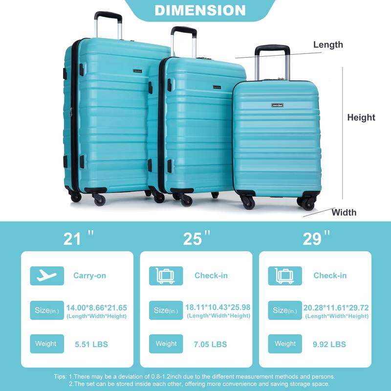 3PCS Expandable PC Lightweight Luggage Sets Suitcase with 2 Hooks,TSA Lock and Spinner Wheels