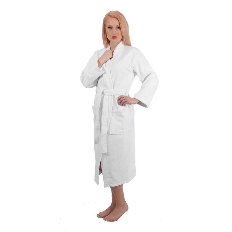 Classic White Turkish Cotton Belted Kimono Terry Cloth Bathrobe with 2 Pockets