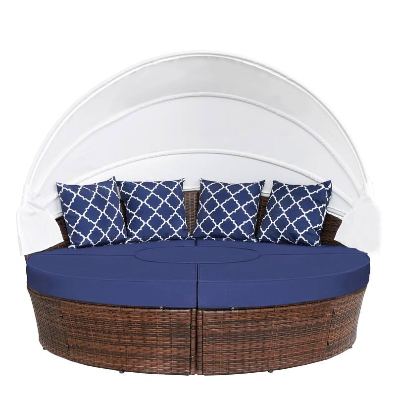 Ledel Wicker Outdoor Daybed 5-piece Sectional Sofa Set With Retractable Canopy and Cushions