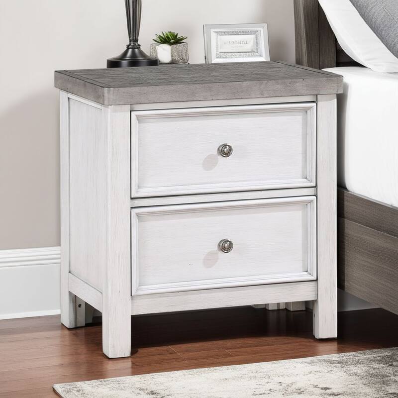 Amby Nightstand, 2 Drawers, Farmhouse Antique White, Gray Acacia Wood