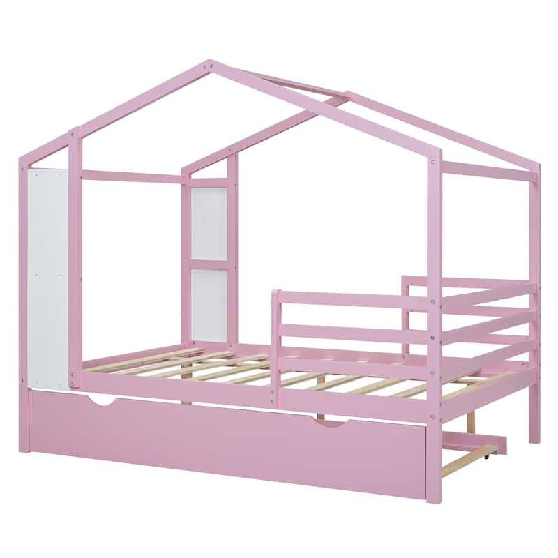 Wood House Bed with Fence and Writing Board