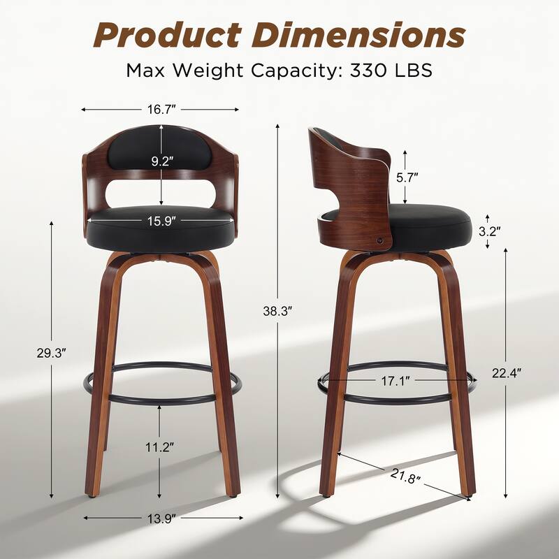 26"/29" Swivel Faux Leather Upholstered Bentwood Counter or Bar Height Stools, Set of 2/4