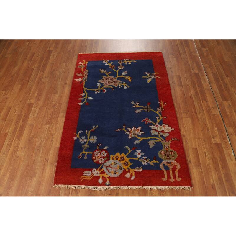 Hand Knotted Oriental 100% Wool Carpet Traditional Floral Navy Blue & Blues Art Deco Area Rug - 5' 11'' X 3' 11''