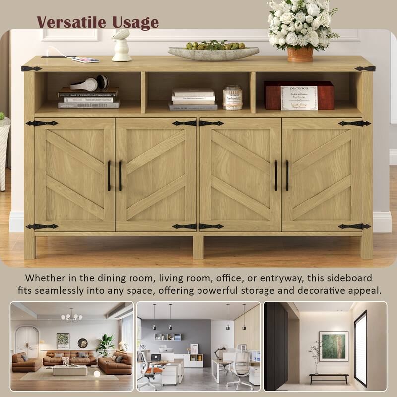 4-Door Wooden Sideboard, Buffet Cabinet with Power Outlets & USB Ports, Storage Cabinet with Adjustable Shelves & Open Shelves