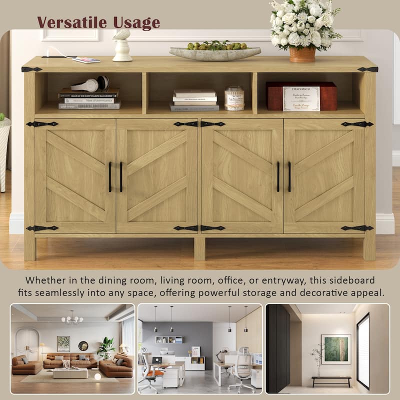 59" Modern 4 Doors Sideboard Buffet with Power Outlets and Adjustable Shelves