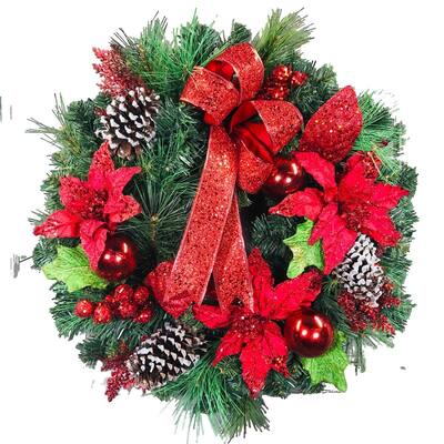 Wreath Artificial Poinsettia Pinecone with Bow 24" - Green - 24