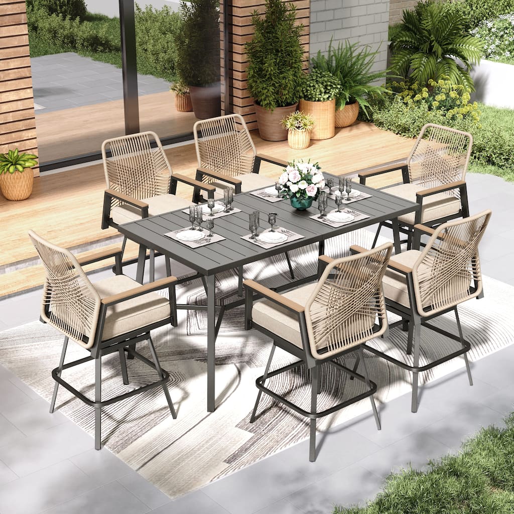 7-Piece Outdoor Patio Wicker Bar Counter Height Stool Set with Back and Cushion
