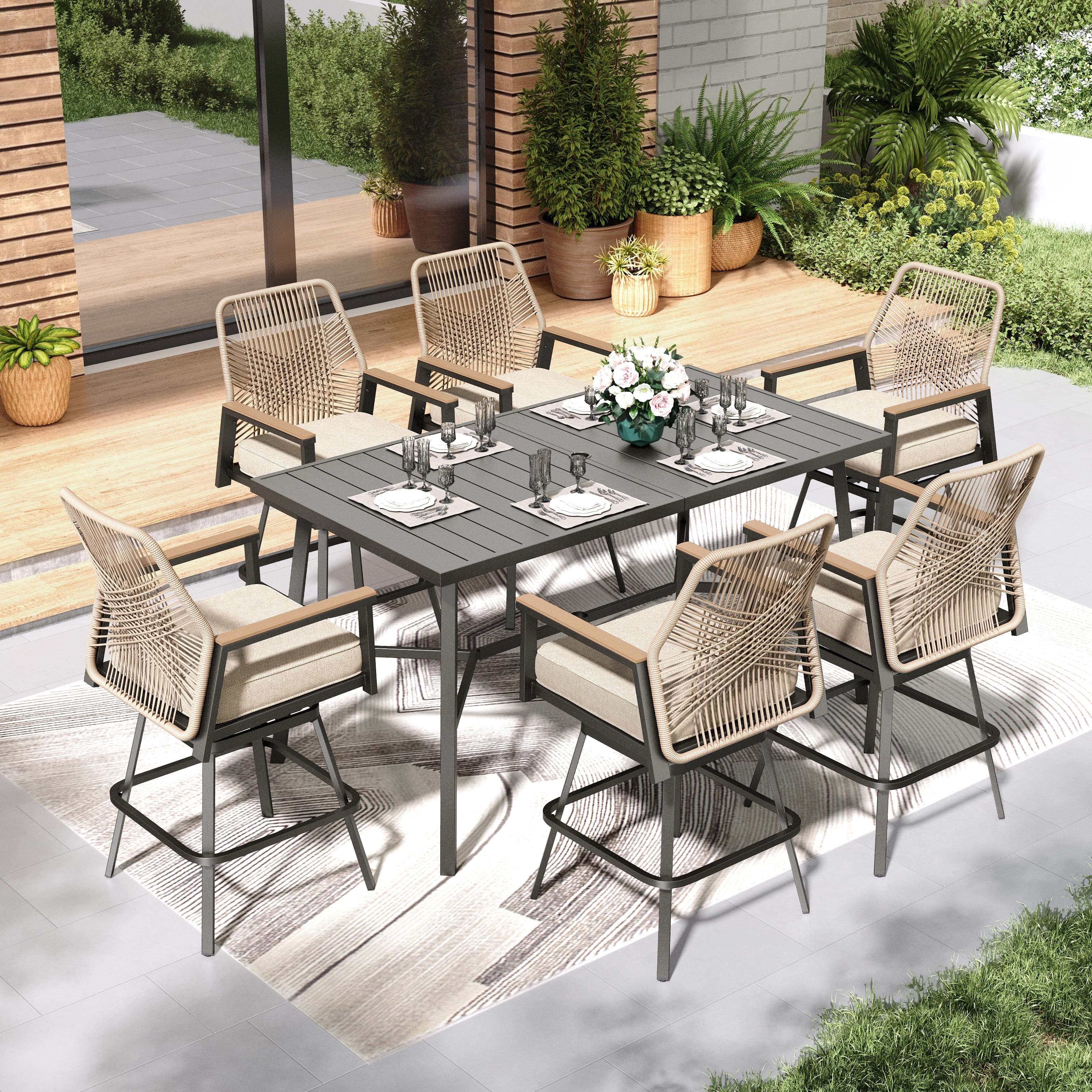 7-Piece Outdoor Patio Wicker Bar Counter Height Stool Set with Back and Cushion