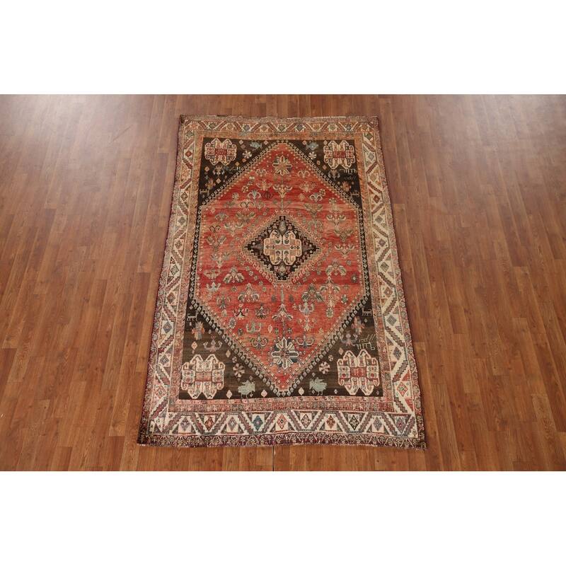 Geometric Shiraz Persian Antique Area Rug Hand-knotted Wool Carpet - 4'10"x 7'10"
