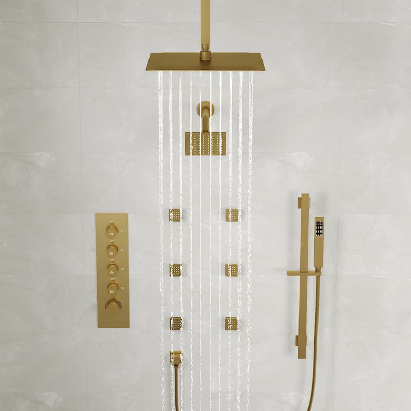 Thermostatic Rainfall Shower System with Handheld Spray, 16" & 6" Dual Shower Head and 6 Body Jets