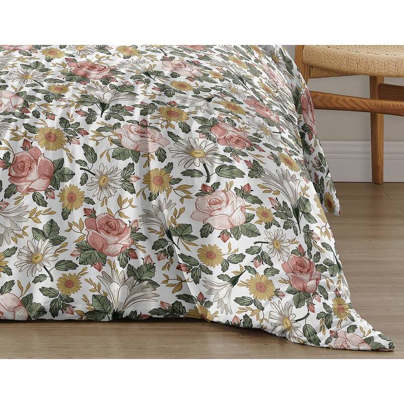 Sweet Jojo Designs Vintage Floral Boho Girl 2-piece Twin Comforter Set Blush Pink Yellow Green White Shabby Chic Rose Farmhouse