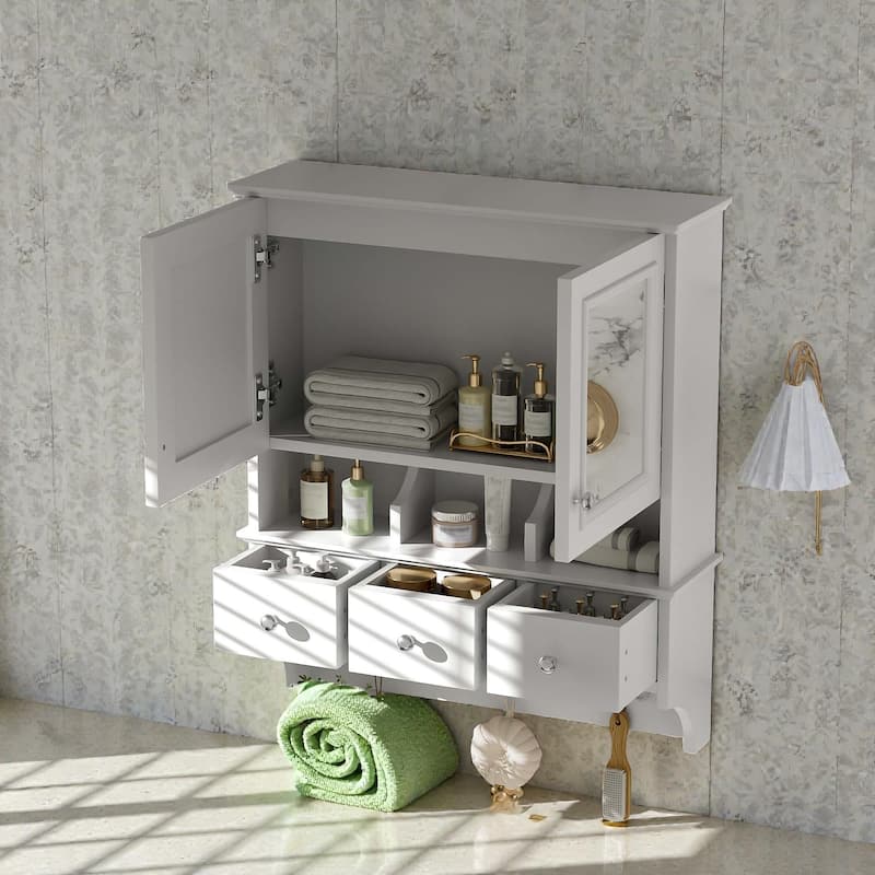 24 Inch 4-in-1 Wall Mounted Medicine Cabinet with Mirror, Drawers and Hooks, Bathroom Storage Organizer