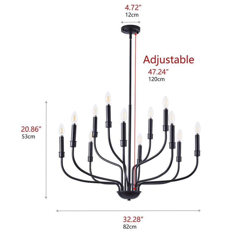 Classic Industrial Black 12-Light Candle Style Chandelier