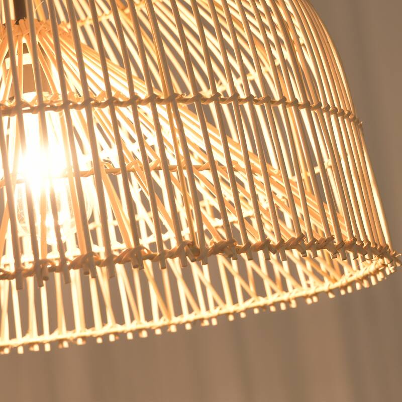 1-Light Boho Brown Rattan Hand-Woven Cloche Hanging Basket Pendant Light - 19.6" W x 62.9" H